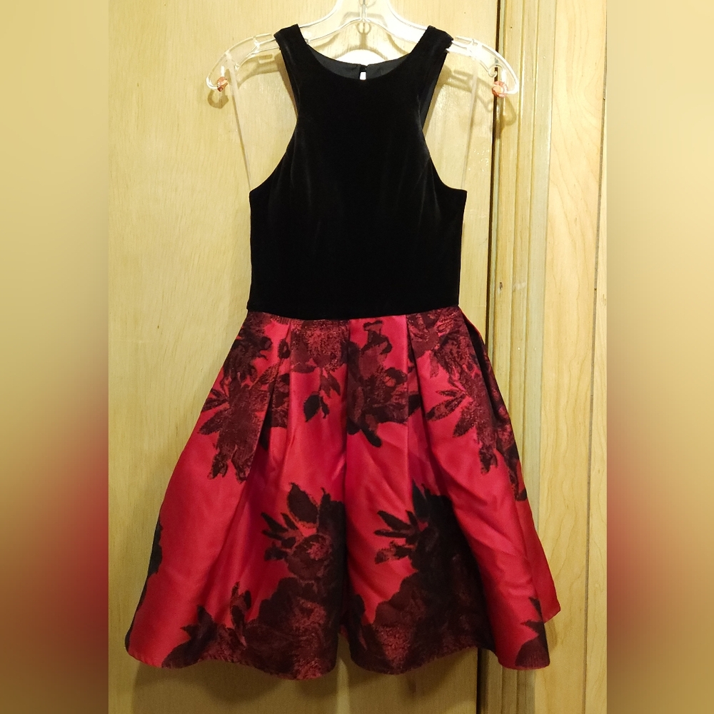 Tweeze Me Dress Size 3/4 Bkack Velvet Top Red Satin Skirt Flocked Flowers